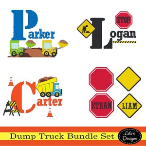 May include: A set of 4 embroidery designs featuring dump trucks and construction signs. The designs include the names Parker, Logan, Carter, Ethan, and Liam. The designs are perfect for creating personalized gifts for children.