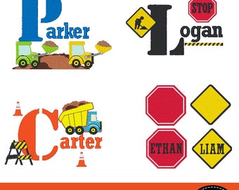 156 Dump Truck Construction Embroidery Machine Designs Bundle Set - Instant Download - Road Sign Boys Dirt BX Font Monogram Fonts