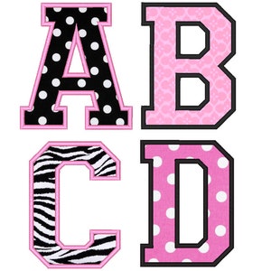 May include: Four large, colorful letters, A, B, C, and D, with a pink outline. The letters are decorated with different patterns: polka dots, a floral design, zebra stripes, and polka dots.