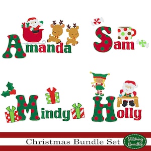 May include: A set of four Christmas-themed embroidery designs featuring the names Amanda, Sam, Mindy, and Holly. Each design includes festive elements like Santa, reindeer, elves, presents, and candy canes.