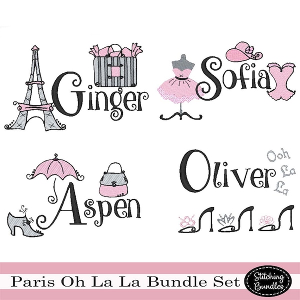 88 Oh La La Paris Stickerei Designs Bundle Set Schrift ONEBox - sofortiger Download - Monogramm Schuhe Boutique Kleid Girly Girl Geldbörse