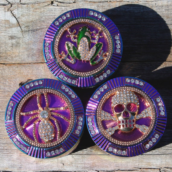 2.5" 64mm Zinc Alloy Grinder Frog Skull Spider Magnetic Heavy Duty Large 4 Pcs Rainbow Rhinestone Diamond Bling Grinders Catcher Lid ZingCo