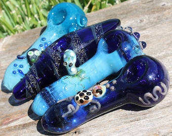 4.5 « Sea World » pipe en verre fumé pipe pipes bols tabac robuste unique bleu rose grenouille fleur tortue de mer poulpe à collectionner