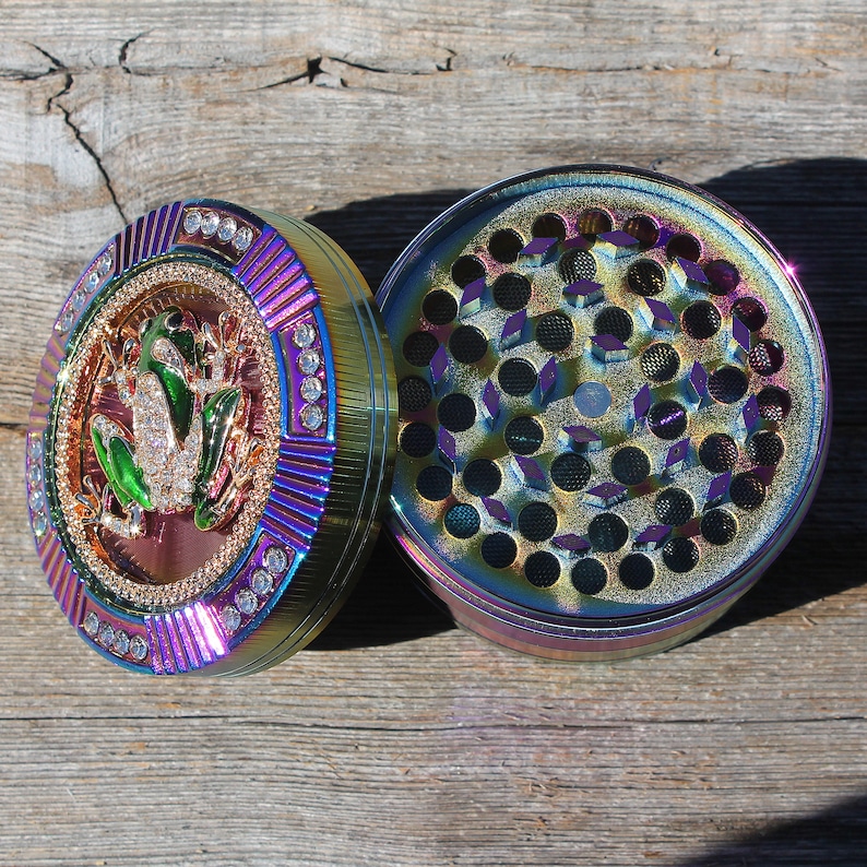 2.5" 64mm Zinc Alloy Grinder Frog Skull Spider Magnetic Heavy Duty Large 4 Pcs Rainbow Rhinestone Diamond Bling Grinders Catcher Lid ZingCo image 5
