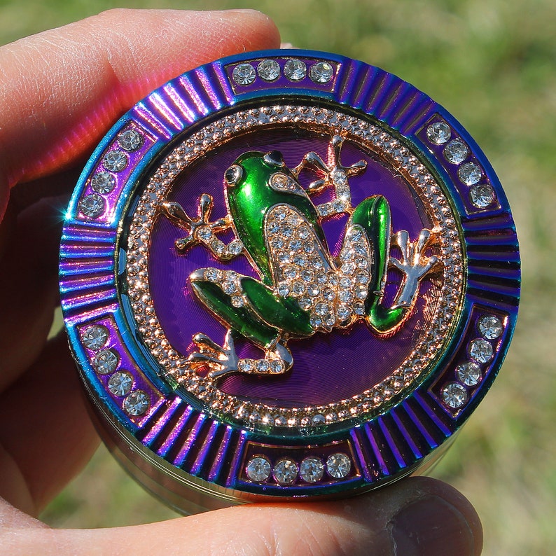 2.5" 64mm Zinc Alloy Grinder Frog Skull Spider Magnetic Heavy Duty Large 4 Pcs Rainbow Rhinestone Diamond Bling Grinders Catcher Lid ZingCo image 10