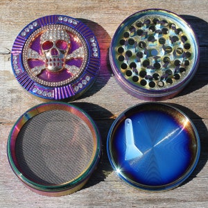 2.5" 64mm Zinc Alloy Grinder Frog Skull Spider Magnetic Heavy Duty Large 4 Pcs Rainbow Rhinestone Diamond Bling Grinders Catcher Lid ZingCo image 6