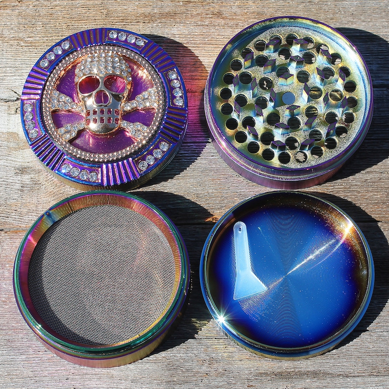 2.5" 64mm Zinc Alloy Grinder Frog Skull Spider Magnetic Heavy Duty Large 4 Pcs Rainbow Rhinestone Diamond Bling Grinders Catcher Lid ZingCo image 6