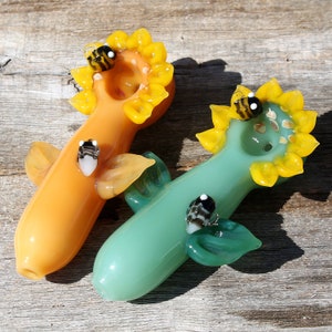 4,3" amber groene jade glazen pijpen handgemaakte kommen voor rookpijp tabak kom lepel zonnebloem bijen schattig uniek verzamelobject zwaar