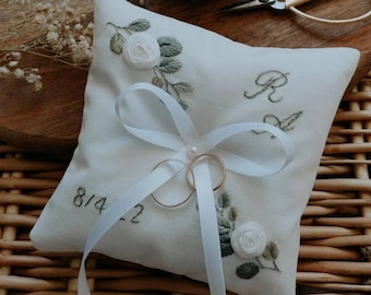 Wedding ring cushion embroidered and sewn by hand - personalized wedding ring holder - eucalyptus and roses - ring cushion for wedding rings