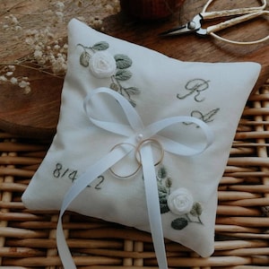 Hand-embroidered and sewn wedding ring pillow - personalized wedding ring bearer - eucalyptus and roses - wedding ring pillow