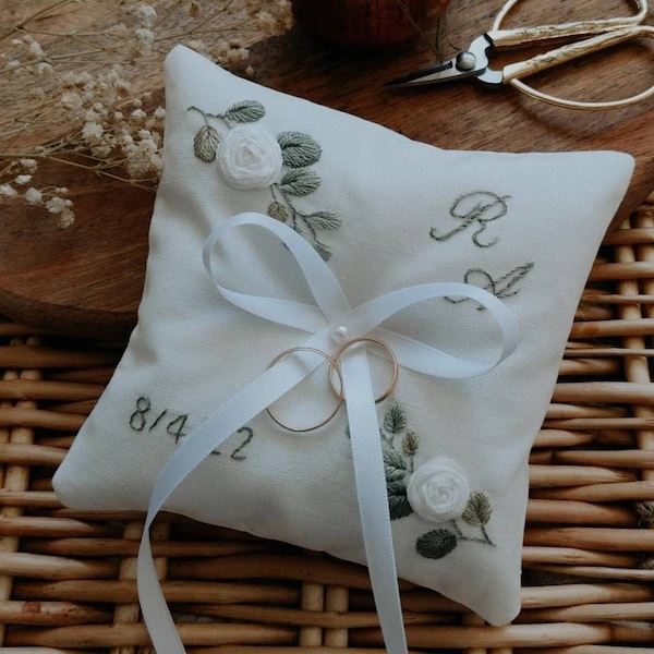 Wedding ring cushion embroidered and sewn by hand - personalized wedding ring holder - eucalyptus and roses - ring cushion for wedding rings