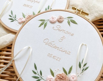 Custom embroidered wedding ring holder, embroidered first names, wedding ring holder, embroidered flowers