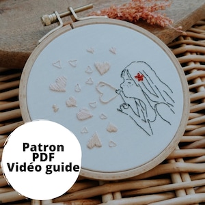 PDF Embroidery Pattern, Video Guide, Valentine&#39;s Day, Girl and Heart Balloons, Beginner Embroidery Design