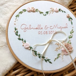 Personalized wedding ring holder floral wedding ring cushion, country wedding, rustic, romantic ring holder embroidered first names image 3