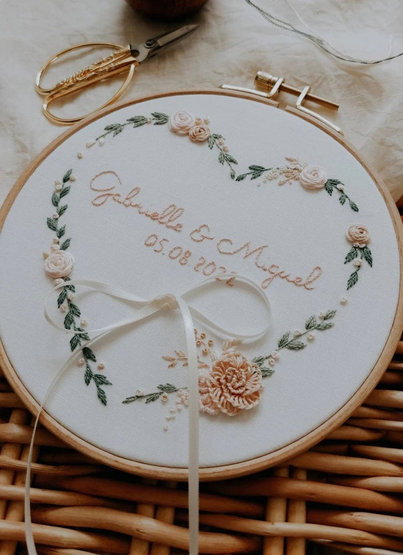 Personalized wedding ring holder floral wedding ring cushion, country wedding, rustic, romantic ring holder embroidered first names image 5