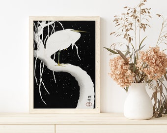 Vintage Japanese Art Art Reproduction Heron In Snow by Ohara Koson #402 Vintage Prints Black Fine Art Print White