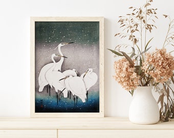 Vintage Japanese Art Art Reproduction Heron In Snow by Ohara Koson #402 Vintage Prints Black Fine Art Print White