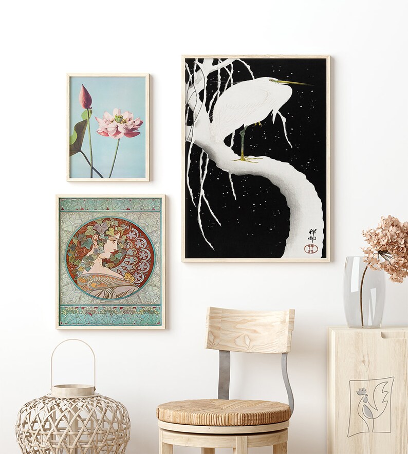 Vintage Japanese Art Art Reproduction Heron In Snow by Ohara Koson #402 Vintage Prints Black Fine Art Print White