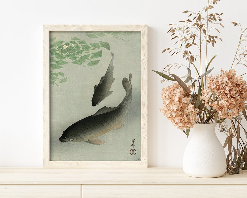 Fine Art Print Vintage Japanese Art Green Japanese Art Print Carp Koi by Ohara Koson #368 Vintage Prints Art Reproduction Grey