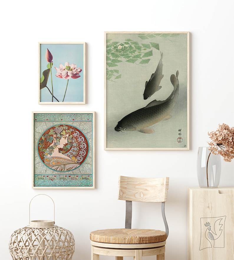 Fine Art Print Vintage Japanese Art Green Japanese Art Print Carp Koi by Ohara Koson #368 Vintage Prints Art Reproduction Grey