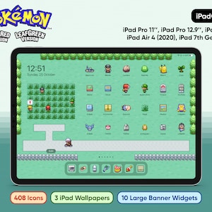 Op de afbeelding: Een groen en wit iPad-scherm met een Pokémon-thema startscherm. Het scherm toont 408 pictogrammen, 3 iPad-achtergronden en 10 grote banner-widgets. De tekst op het scherm luidt "iPadOS14" en "iPad Pro 11", "iPad Pro 12.9", "iPad Mini", "iPad Air 4 (2020), iPad 7th Gen 10.2".
