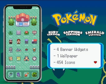 iOS 454 アイコン | ポケモン ルビー サファイア エメラルド バージョン iPhone IOS14 アプリ アイコン パック | レトロ ゲーム テーマ | 美しくパーソナライズされたホーム画面