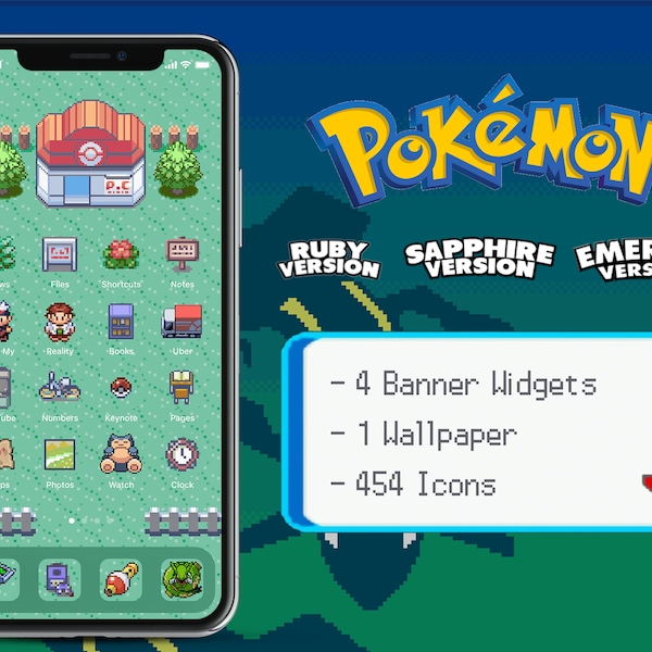 iOS 454 Icons | Pokemon Rubin Saphir Smaragd Version iPhone IOS14 App Icons Pack | Retro-Spiel-Thema | Ästhetische personalisierte Home-Bildschirm