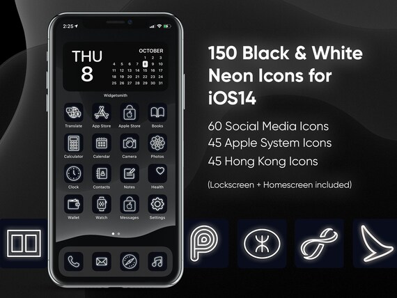 Ios 150 Icons Black And White Neon Iphone Ios14 App Icons Etsy