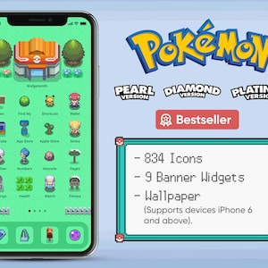 以下が含まれることがあります： 緑と白のiPhone画面に、ポケモンをテーマにしたアプリアイコンパックが表示されています。アプリアイコンはピクセル化されており、ポケモンダイヤモンド、パール、プラチナのビデオゲームのキャラクターが描かれています。画面には、「ベストセラー」と書かれたバナーウィジェットも表示されています。