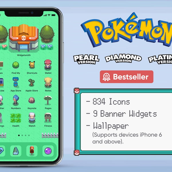 iOS 834-pictogrammen | Pokemon Pearl Diamond Platinum DPPt iPhone iOS14 App Icons Pack | Retro Game Thema | Esthetisch gepersonaliseerd startscherm