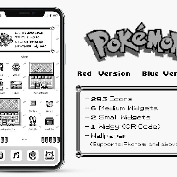 iOS 293 Icons | Pokemon Red Blue Version iPhone IOS14 App Icons Widgy Pack | Retro Game Theme | Aesthetic Personalized Home Screen