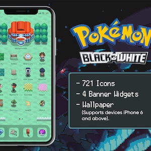 Op de afbeelding: Een smartphone-scherm met een aangepast app-pictogramthema gebaseerd op de Pokémon Black and White-videogame. Het thema bevat 721 pictogrammen, 4 bannerwidgets en een achtergrond. Het telefoonscherm toont een groene achtergrond met een raster van app-pictogrammen.