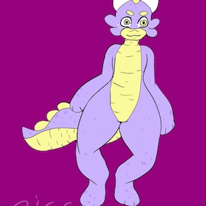 May include: A purple and yellow cartoon dinosaur with a spotted pattern. The dinosaur has a long tail and is standing on a purple background. The text "Bicrosaurus" is written in pink at the bottom of the image.