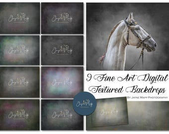 May include: Nine digital textured backdrops in various shades of green, blue, and purple. Each backdrop features a subtle, faded, textured look. The backdrops are perfect for photographers and digital artists.