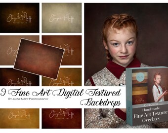 May include: Nine digital textured backdrops in warm brown tones with a hand-painted look. The backdrops are labeled "October" and "Hand made Fine Art Texture Overlays".