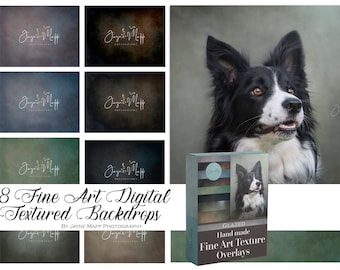 May include: A set of eight digital textured backdrops in various shades of green, blue, and brown. The backdrops feature a subtle, hand-painted texture and are perfect for adding depth and dimension to your photos. The backdrops are labeled "8 Fine Art Digital Textured Backdrops" and "By Jayne Mapp Photography".