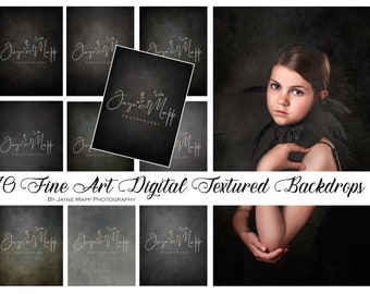 May include: A collage of 10 digital textured backdrops in dark tones with a subtle grunge effect. The backdrops are ideal for photographers and digital artists. The text "10 Fine Art Digital Textured Backdrops" and "By Jayne Mapp Photography" is included in the image.
