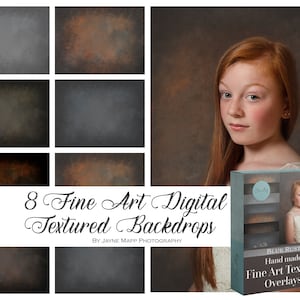 May include: A set of 8 digital textured backdrops in various shades of brown, gray, and rust. The backdrops are designed to be used as overlays for photos. The text "8 Fine Art Digital Textured Backdrops" is written in a decorative font. The text "By Jayne Mapp Photography" is written in a smaller font below the main text. A box with the text "Blue Rust Hand made Fine Art Texture Overlays" is shown in the lower right corner of the image.