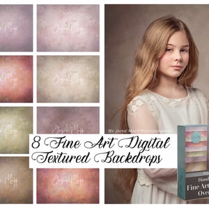 Pode incluir: Oito cenários digitais texturizados em vários tons de rosa, marrom e verde. Os cenários são projetados para uso em fotografia e apresentam um efeito texturizado sutil. O texto "8 Fine Art Digital Textured Backdrops" é exibido em uma fonte decorativa.