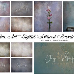 May include: Nine digital textured backdrops in various shades of blue, green, and purple with a white text overlay that says "Jayne Mapp Photography".