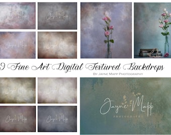 May include: Nine digital textured backdrops in various shades of blue, green, and purple with a white text overlay that says "Jayne Mapp Photography".