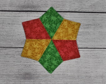 Mug Rug, Quilted Mug Rug, Fabric Mug Rug, Red Green & Gold Mug Rug, Reversible Mug Rug