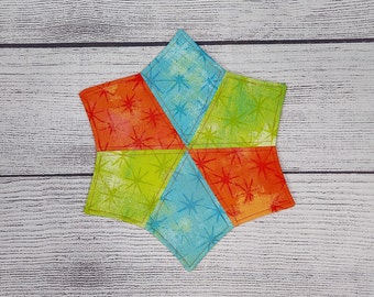 Mug Rug, Quilted Mug Rug, Fabric Mug Rug, Bright Colors Mug Rug, Star Mug Rug, Reversible Mug Rug, Moda Fabric Mug Rug