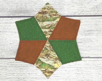 Mug Rug, Quilted Mug Rug, Fabric Mug Rug, Reversible Mug Rug, Star Mug Rug, Sportsman Mug Rug, Outdoorsman Mug Rug