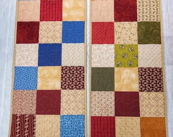 Quilted Table Runner, Scrappy Table Runner, Blue Tan and Red Table Runner, Green Tan and Red Table Runner