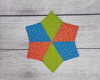 Mug Rug, Quilted Mug Rug, Fabric Mug Rug, Reversible Mug Rug, Star Mug Rug, Bright Mug Rug, Flower Mug Rug