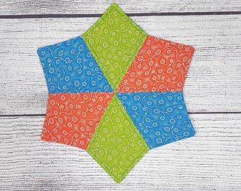 Mug Rug, Quilted Mug Rug, Fabric Mug Rug, Reversible Mug Rug, Star Mug Rug, Bright Mug Rug, Flower Mug Rug