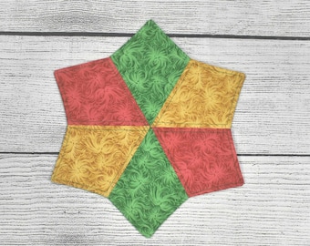 Mug Rug, Quilted Mug Rug, Fabric Mug Rug, Red Green & Gold Mug Rug, Reversible Mug Rug