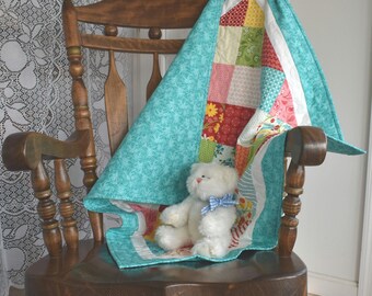 Baby Girl Quilt "Mama's Cottage" by Moda with colors in Pink Blue Red Green Orange Yellow