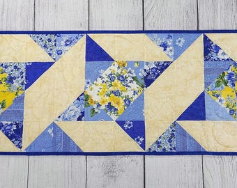 Star Table Runner, Quilted Table Runner, French Country Table Runner, Blue and Yellow Table Runner, Floral Table Runner, Blue & White Runner